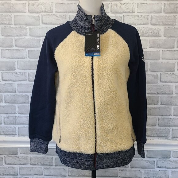 Ariat Tek Sherpa Baseball Bomber Jacket Cream Blue Fleece NEW  Womens S Gorpcore - Picture 11 of 11